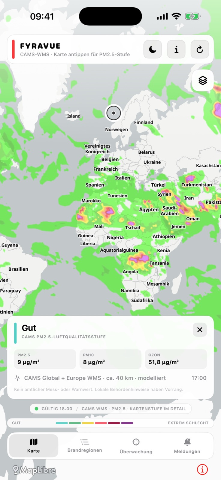 Modellierte Luftqualitätskarte in FYRAVUE