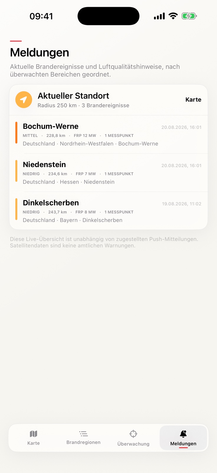 Ereignisse nach überwachten Bereichen geordnet