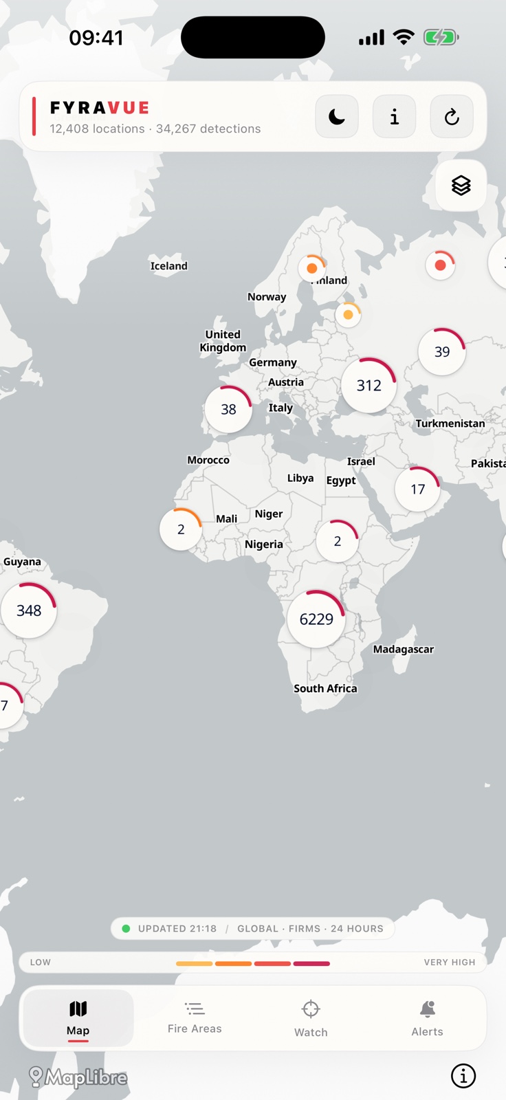 FYRAVUE map showing active fire events worldwide