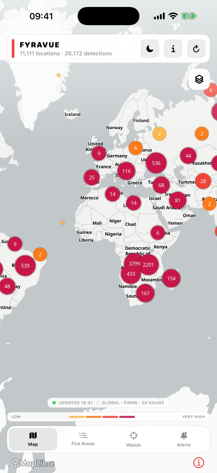 FYRAVUE map showing active fire events worldwide
